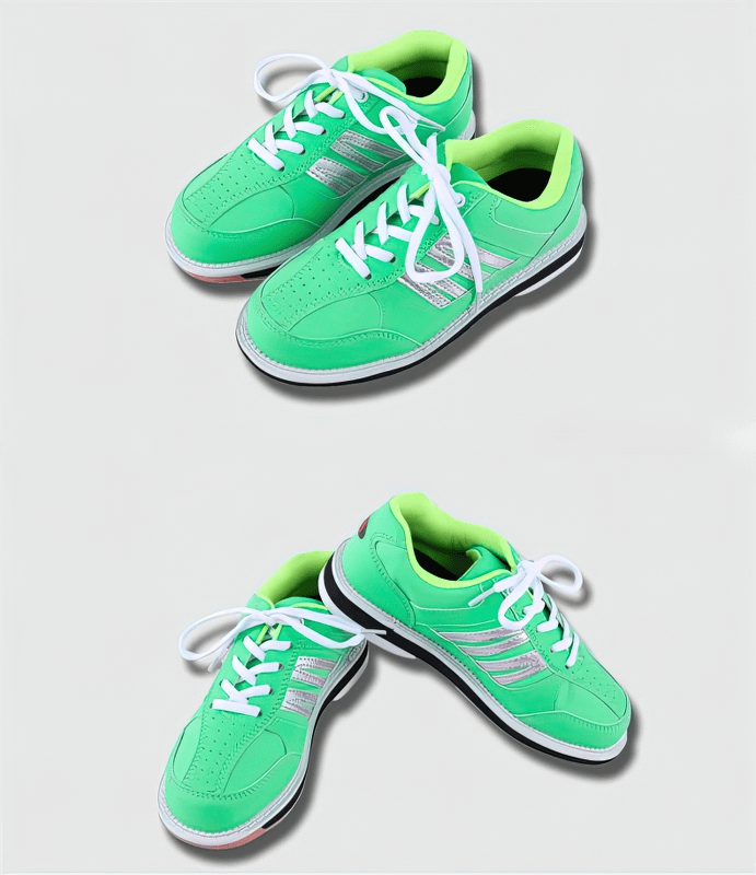Vibrant green leather women's bowling shoes with anti-slip rubber soles, lace-up closure, and stylish design, perfect for female bowlers.